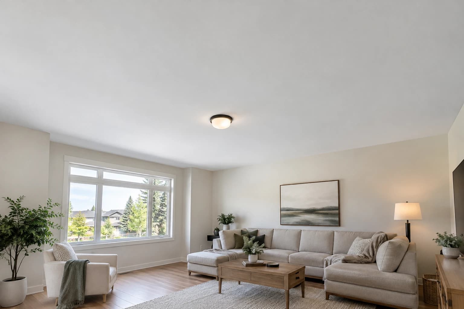 Living room with a smooth finished white ceiling and a flush-mount ceiling light