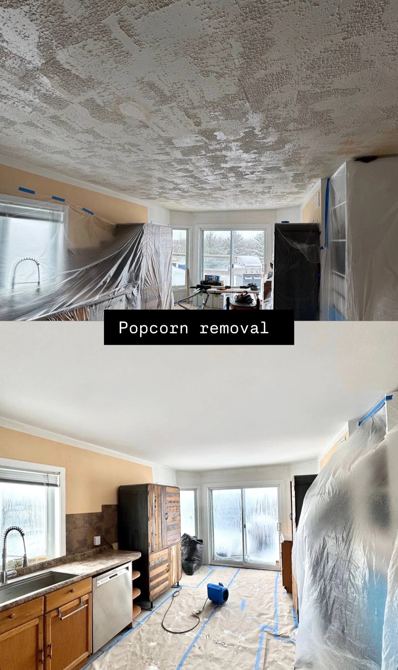 Popcorn ceiling removal before and after in a kitchen, showing the textured ceiling during removal and the smooth ceiling finish