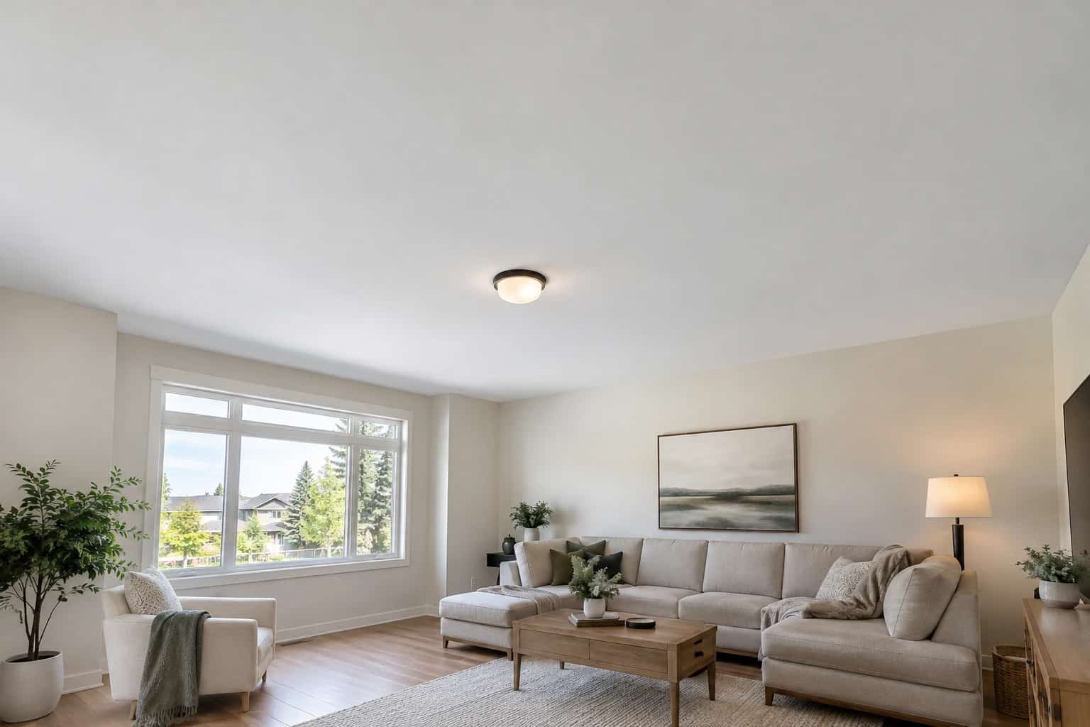 Living room with a smooth finished white ceiling and a flush-mount ceiling light
