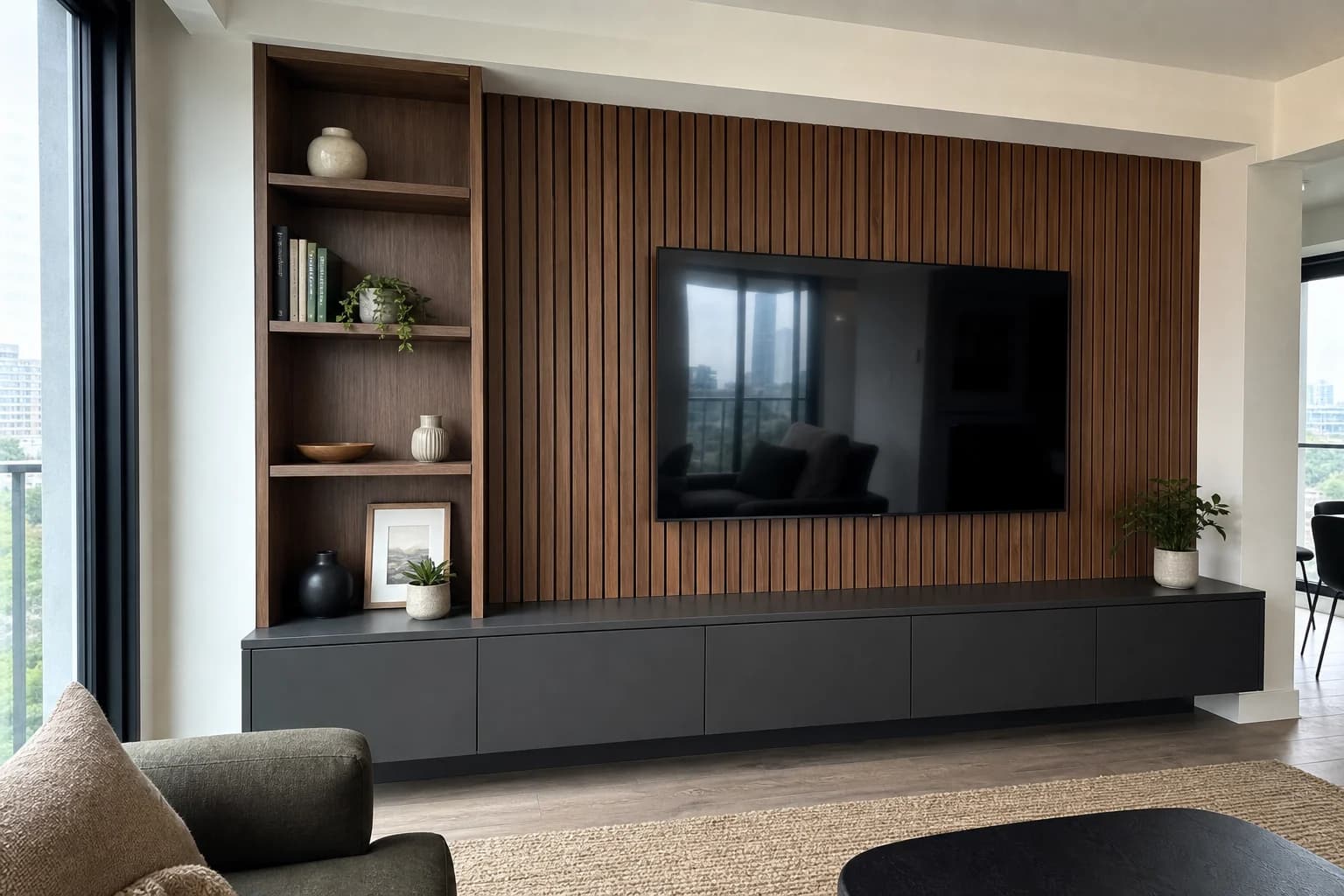 Modern custom entertainment unit with a TV, wood slat backdrop, storage, and display shelves