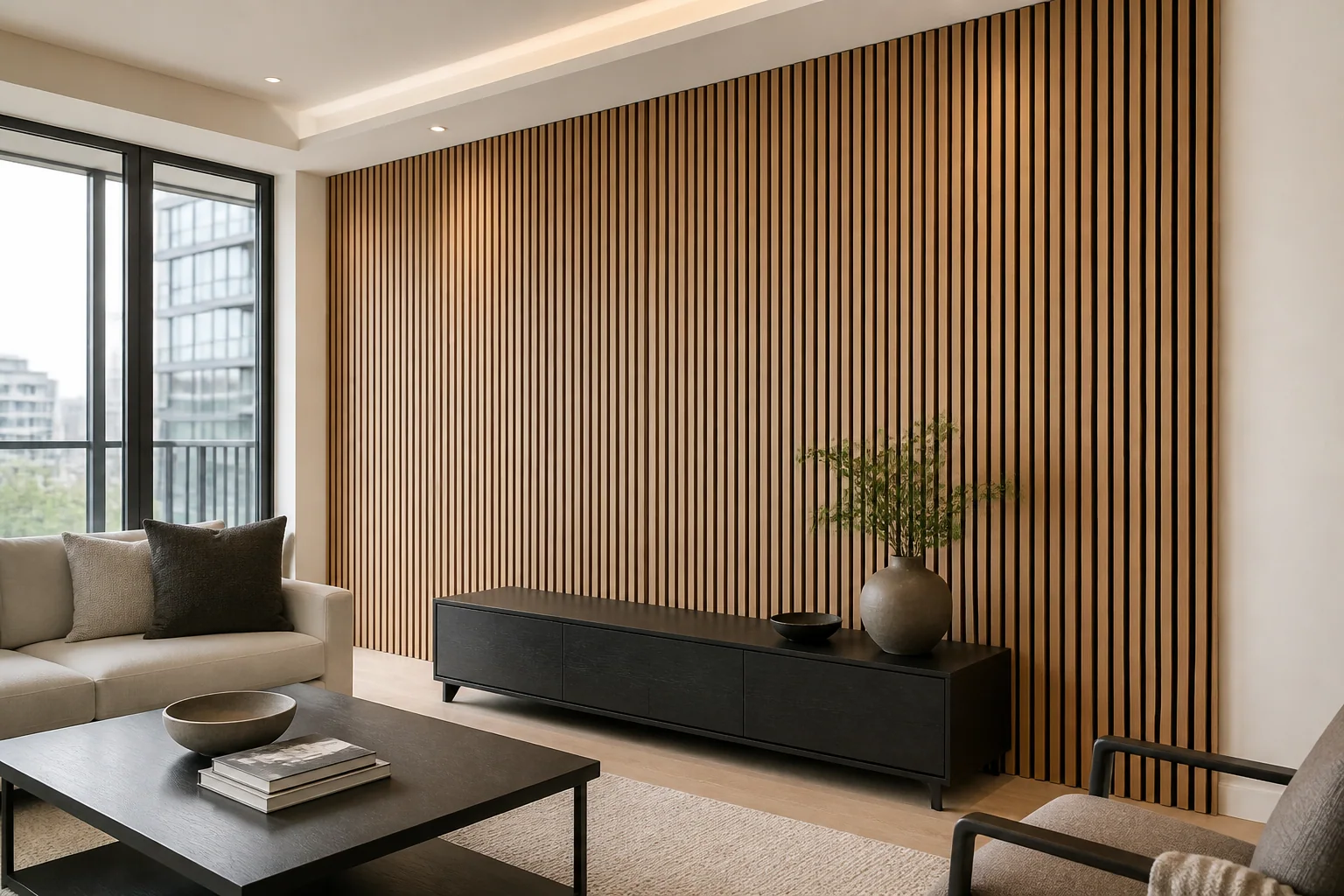 Modern living room with a floor-to-ceiling decorative wood slat feature wall
