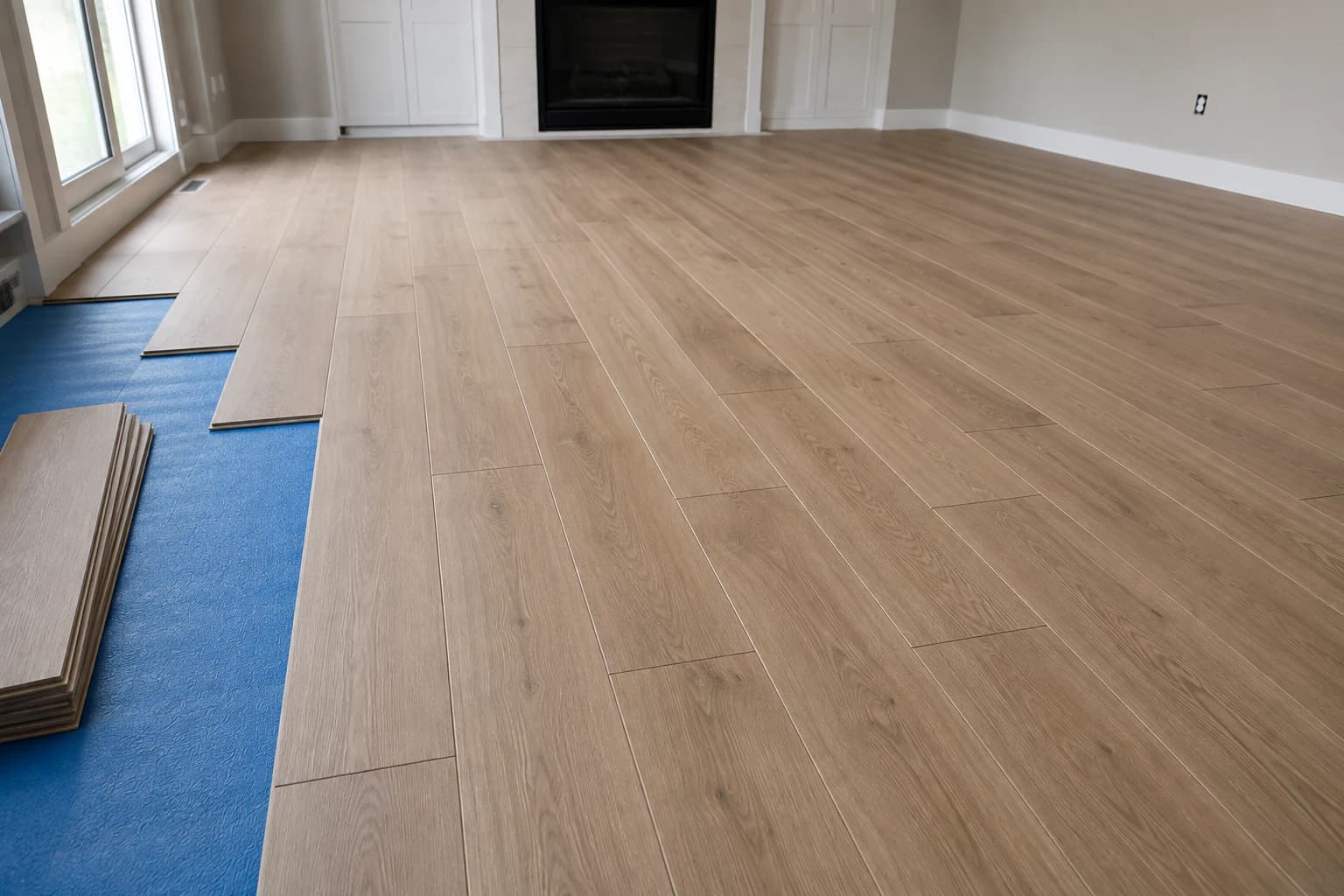 Light wood flooring installation in progress in a Toronto living room