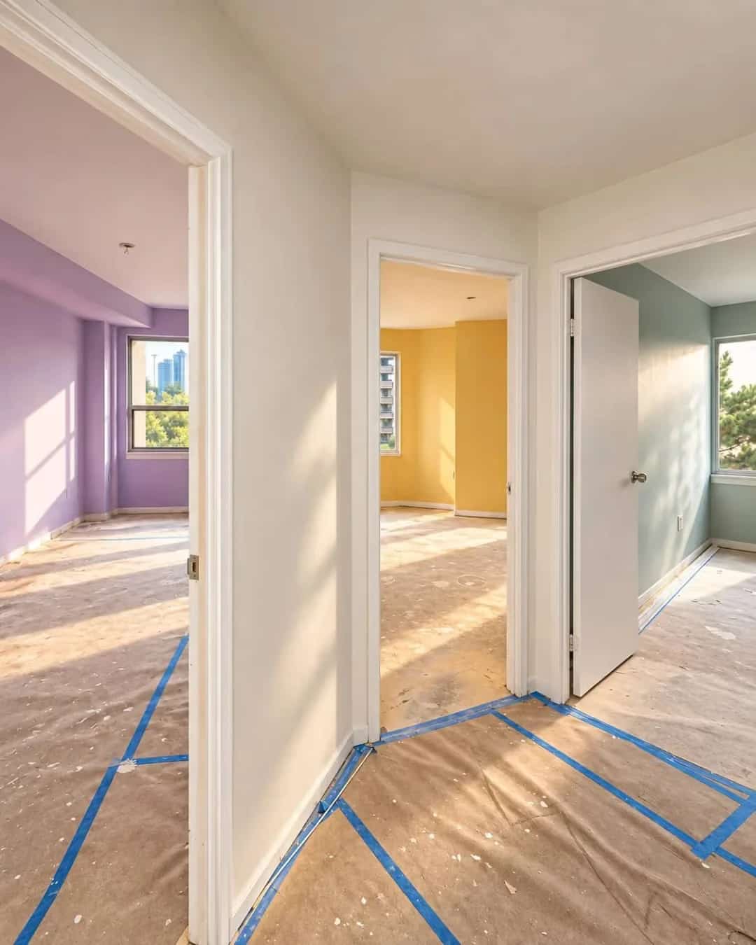 Painted condo hallway with purple, yellow and blue rooms and protected floors