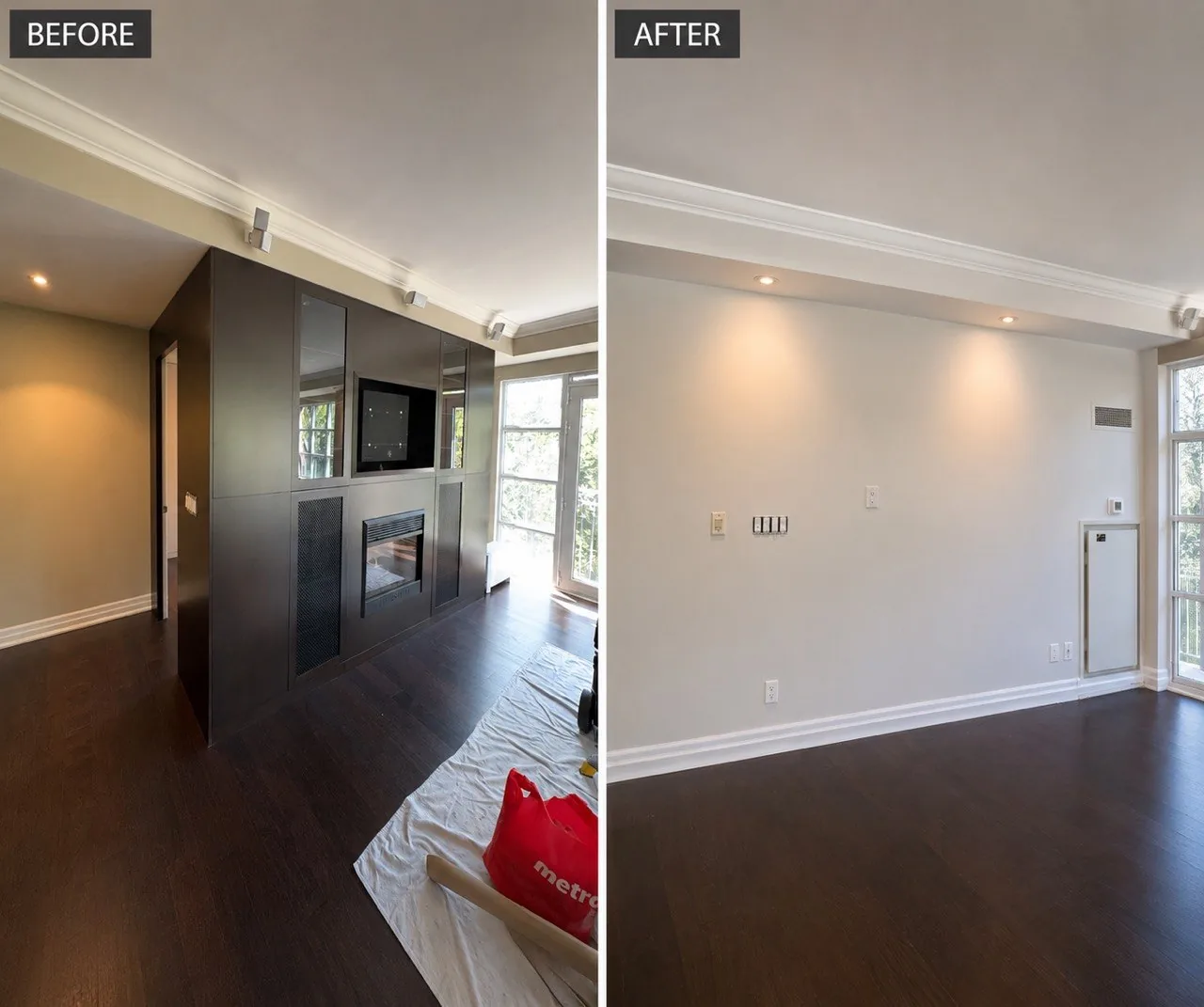 Before and after cabinet removal and wall painting in a Toronto condo living room